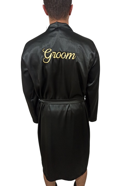 Halat de Mire elegant, Model Groom brodat, Material Satin, Negru lucios, Marimea L