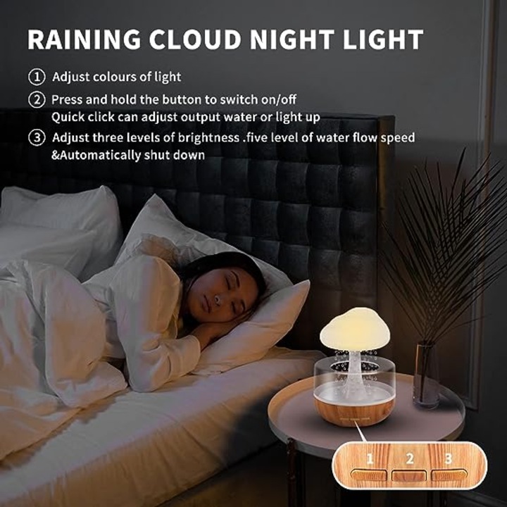 Umidificator Modern, cu lampa LED, Difuzor pentru Aromaterapie, 7 culori, Nor de ploaie, Natur Alb
