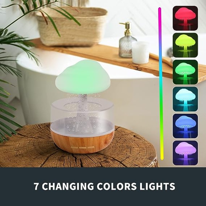 Umidificator Modern, cu lampa LED, Difuzor pentru Aromaterapie, 7 culori, Nor de ploaie, Natur Alb
