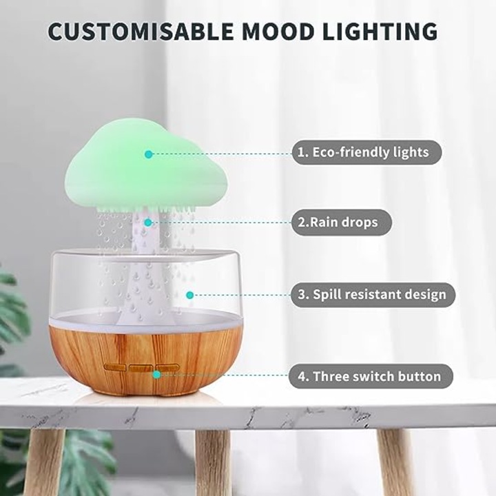 Umidificator Modern, cu lampa LED, Difuzor pentru Aromaterapie, 7 culori, Nor de ploaie, Natur Alb