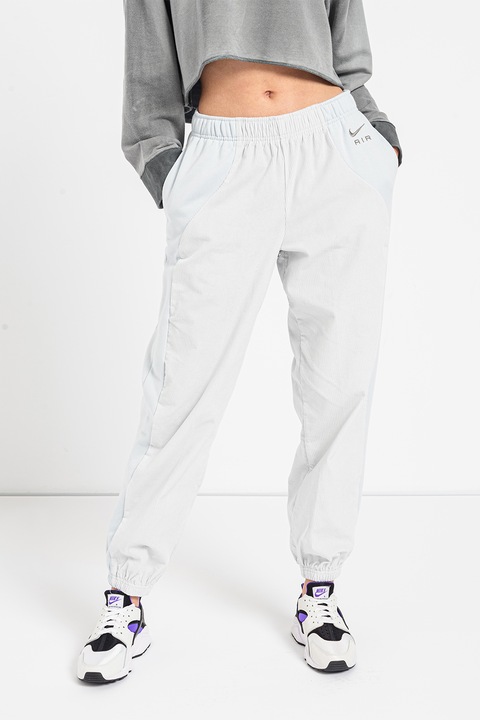 Nike, Джинсов спортен панталон с висока талия, Бял/Светлосин