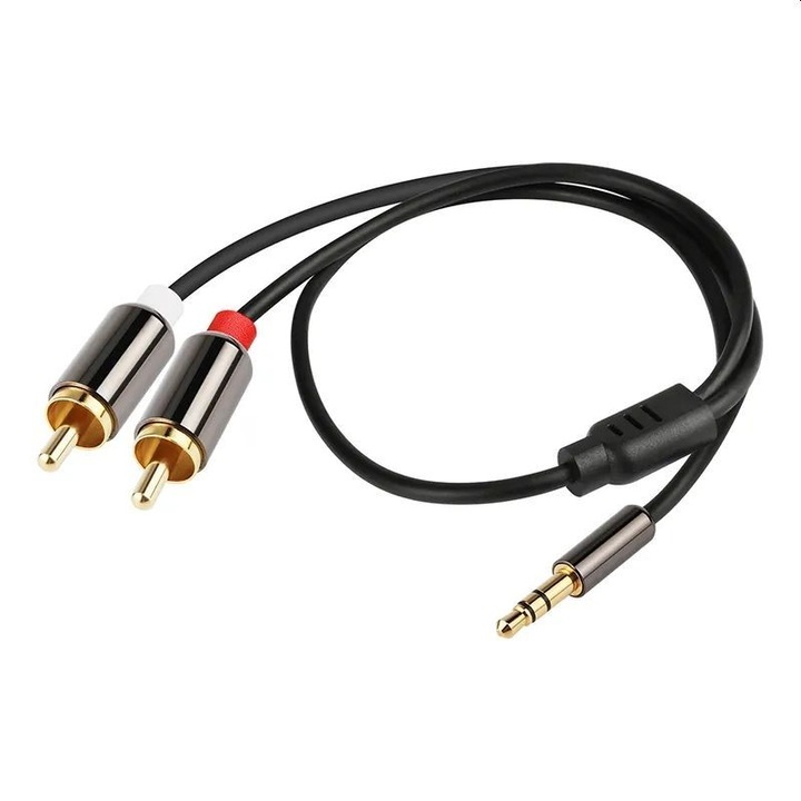 Cablu audio, PROCART, lungime 1 metru, mufa stereo Jack 3.5mm, 2 mufe RCA, negru