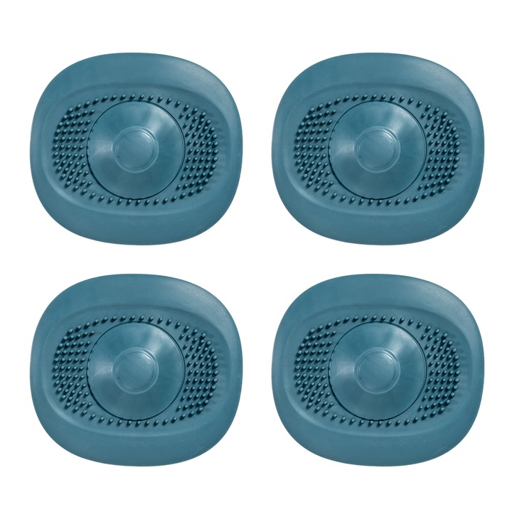 Set 4 capace de scurgere, albastru, pentru dus si cada, din silicon TPR, usor de instalat