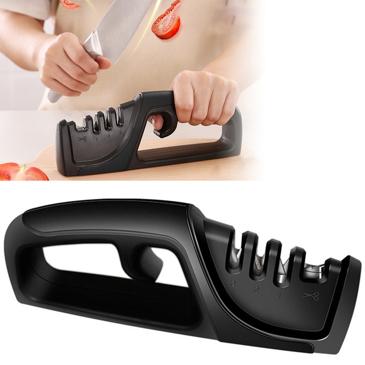 Kézi késélező 4 az 1-ben, QttvbTna, ABS/Acél, Ergonomikus fogantyú, Fekete