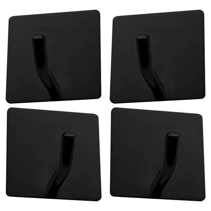 4 db öntapadós rozsdamentes acél kampó, ezüst-fekete, 4.5x4.5x3.5cm