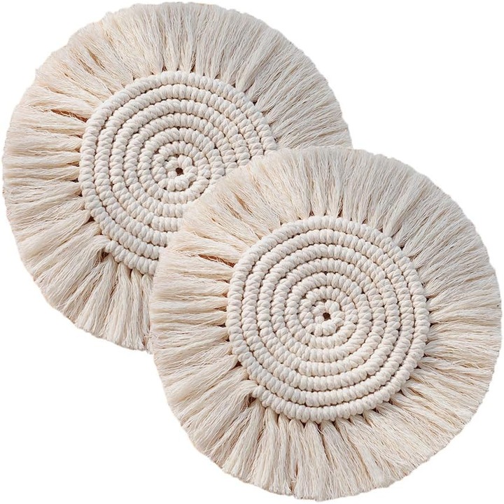 Set 2 suporturi pahar, bumbac, rotunde, 18cm, bej