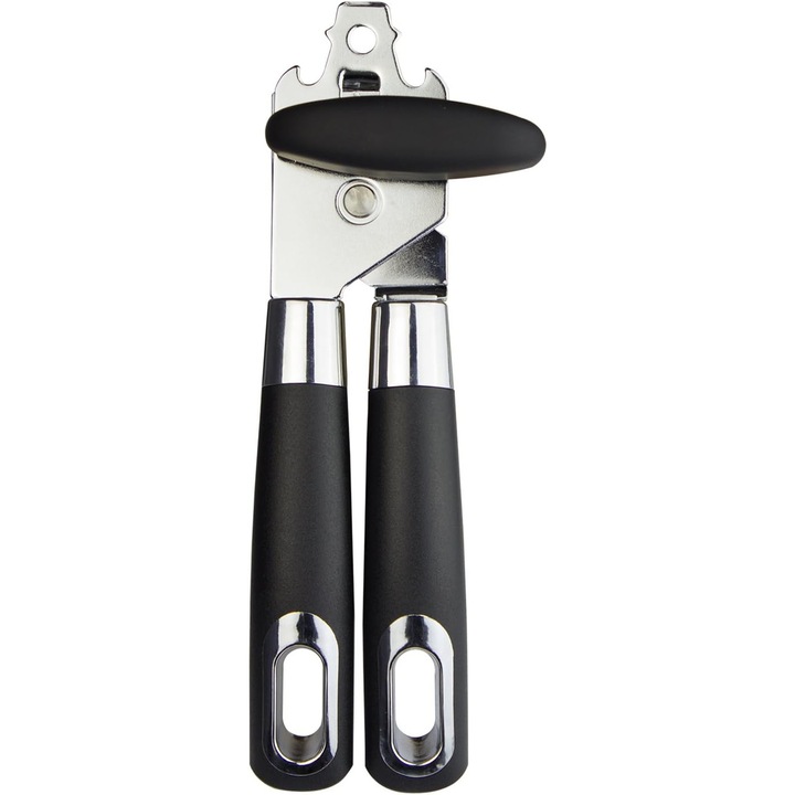 Konzervnyitó, 3 az 1-ben, ergonomikus csúszásmentes fogantyú, rozsdamentes acél, többfunkciós, fekete/ezüst