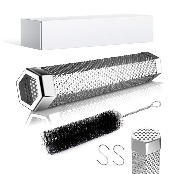 Afumatoare pentru gratar, inox, set cu perie curatare si carlige, portabil, argintiu