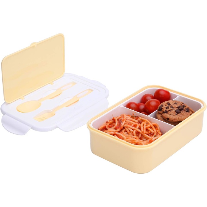Cutie alimentara Bento, 3 compartimente, galben, 1400ml, 20x13x7cm, set tacamuri inclus