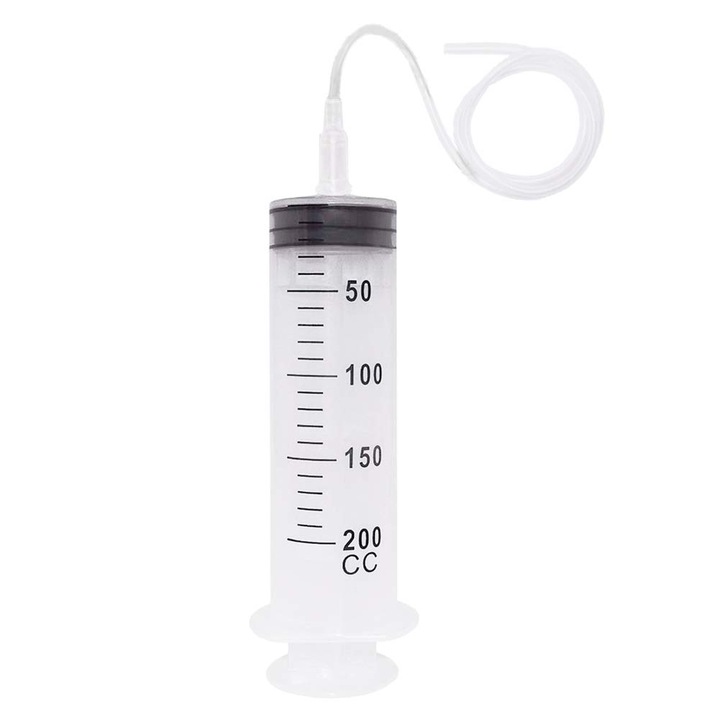 KkvoGmle újrafelhasználható fecskendő, műanyag, átlátszó, 200ml, 1m cső, olajhoz