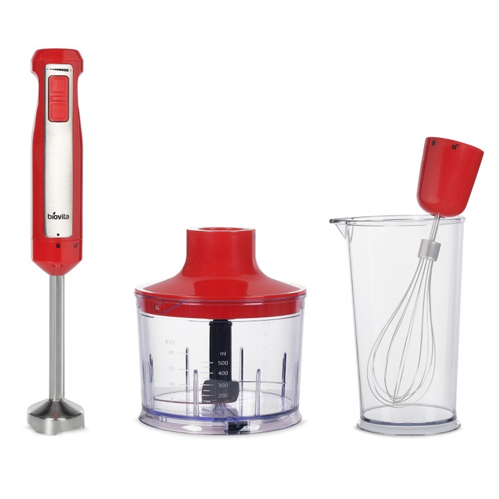 Blender Vertical, Biovita X-BLEND, 800W, 3 Accesorii Incluse, 5 Trepte, Functie Turbo, Rosu