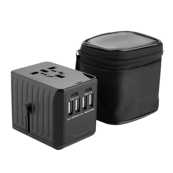 Univerzális utazási adapter EU UK AUS US 30W, 4 USB port, 2 Typ-C port, Power Delivery, QC 3.0, Túlfeszültség elleni védelem, Fekete színű, TAITAVA