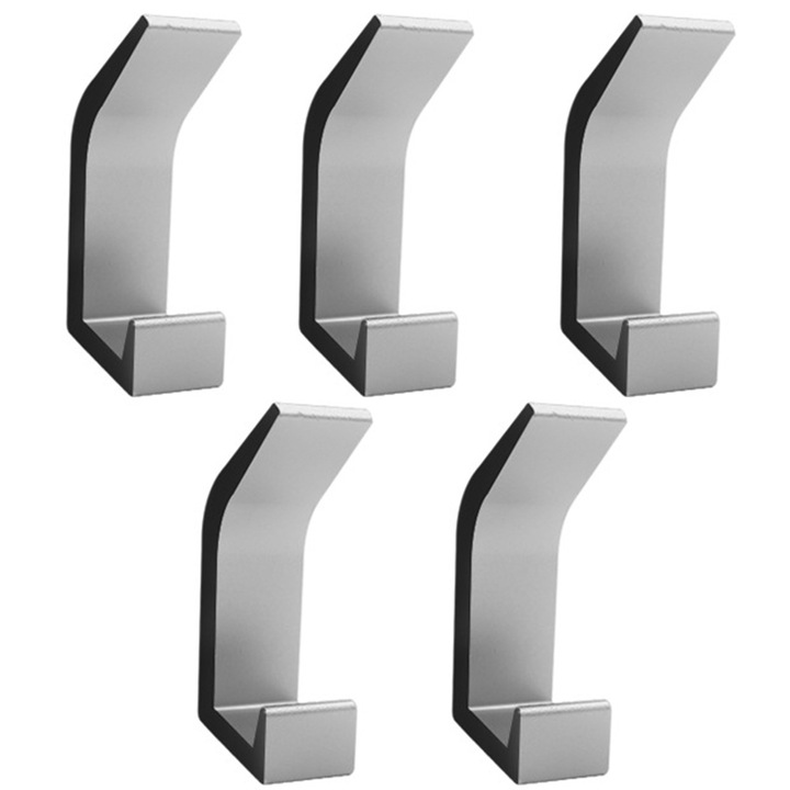 Set 5 carlige pentru haine inox, rezistente, adezive, 2x2.9x7cm, argintiu
