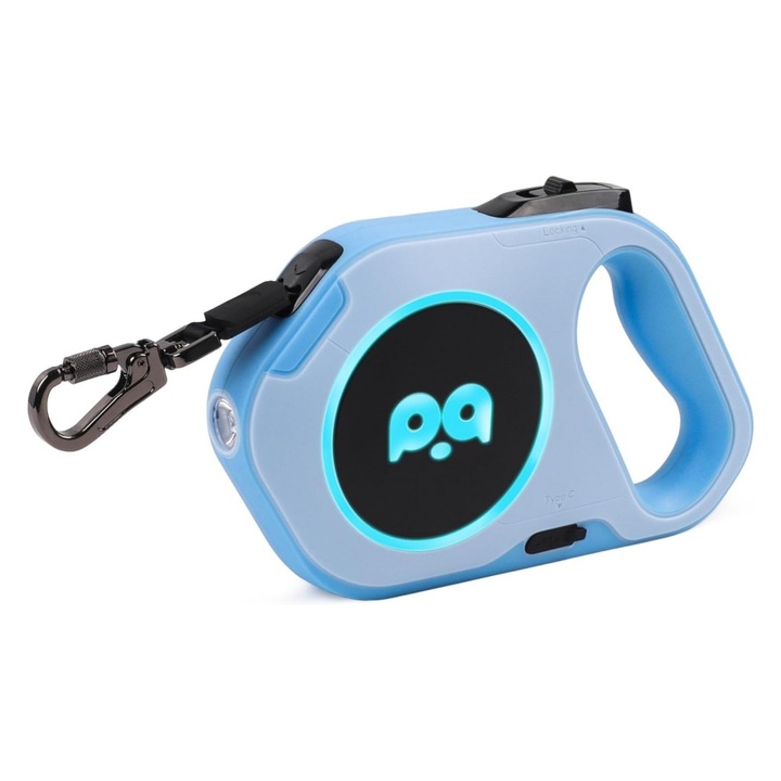 Lesa retractabila pentru caini, pana la 50 kg pentru animale de companie, cu lumina LED reincarcabila si, franare cu o singura mana, pauza, blocare, potrivita pentru mersul pe timp de noapte, usor de utilizat si controlat, 5 m, ABS, Albastru