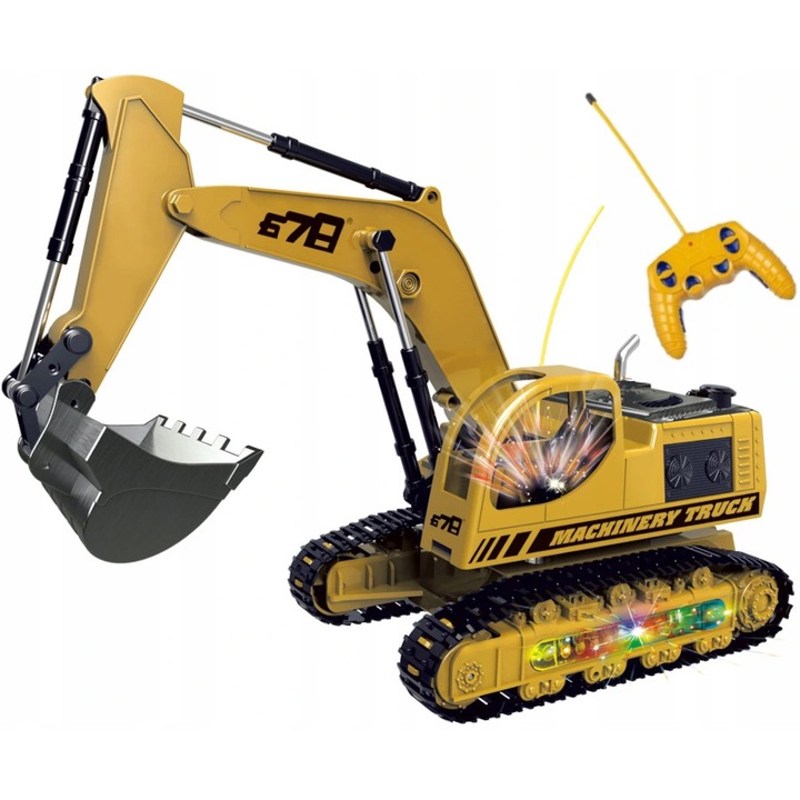 Excavator pe senile mare controlat de la distanta, Stator, USB, Baterie 300 mAh, Galben/Negru