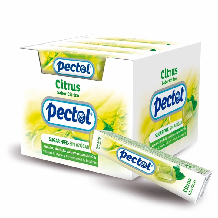 Dropsuri cu aroma citrice,ulei esential de eucalipt, mentol si vit. C Pectol, fara zahar, 31g x 20 buc