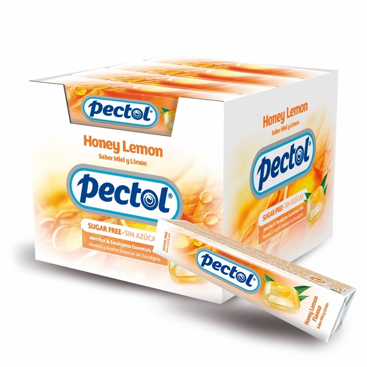 Dropsuri cu aroma de miere si lamaie, cu ulei esential de eucalipt si mentol Pectol, fara zahar, 31g x 20 buc