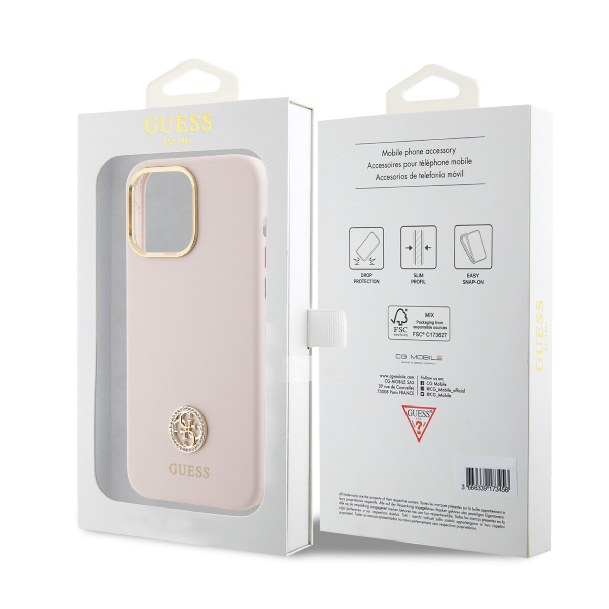 Husa de protectie Cover Guess Liquid Silicone 4G Strass Metal Logo pentru iPhone 15 Pro Max, Pink