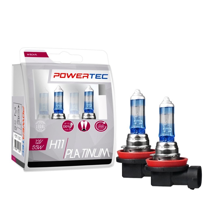 Set 2 becuri auto, Power-Tec, bec cu halogen platina, +130%, H11, 12V