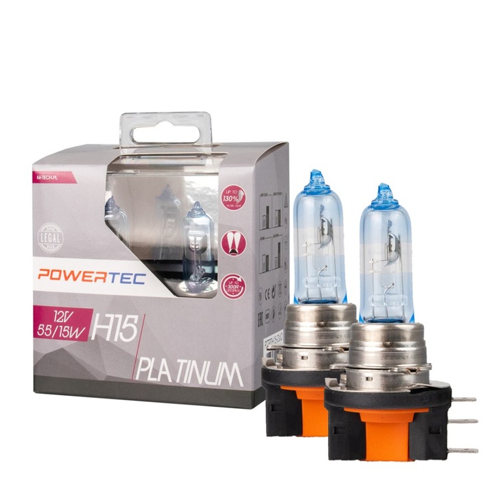 Set 2 becuri auto, Power-Tec, cu halogen, +130%, H15, 12V