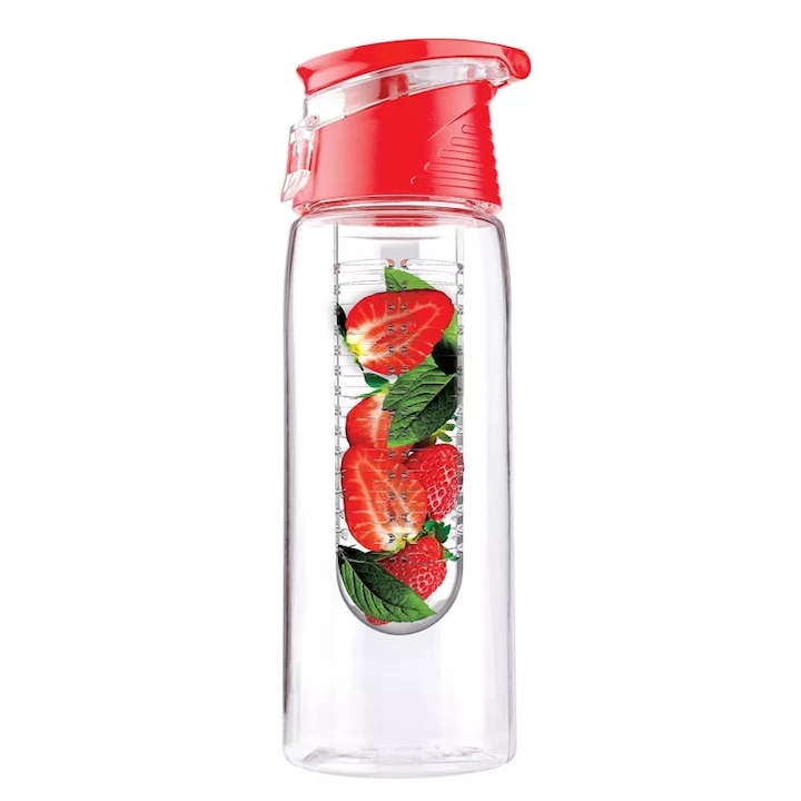Infúziós üveg gyümölcs, levelek és jég számára, 700 ml, fogantyú a támasztékhoz, műanyag, piros