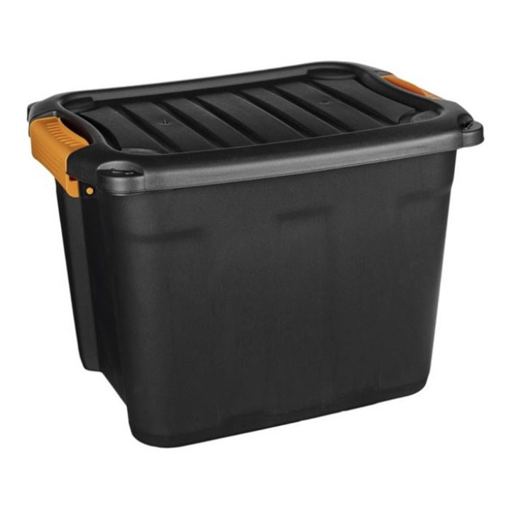 Cutie de depozitare din plastic, cu capac blocabil, de mare rezistenta la frig si inghet, stivuibila, negru, 20 litri, 39x29.5x28.3 cm
