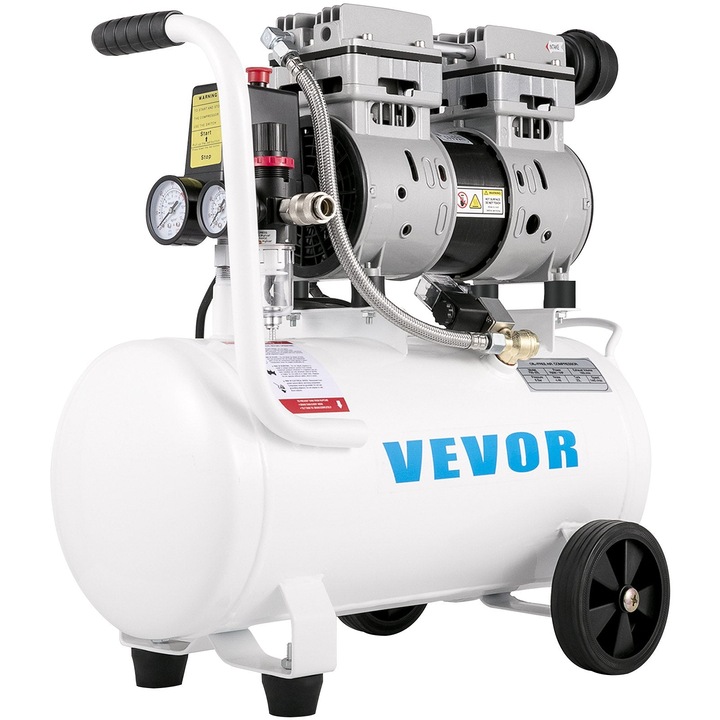 Въздушен компресор, Vevor, 25L, 240V, 750W, 1760rpm, 50Hz, Без масло, 115Psi, 165L/мин, Бял