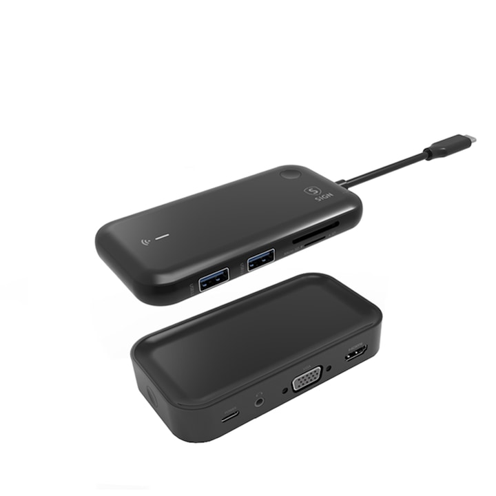 Хъб USB-C SiGN, USB-C - HDMI - VGA - жак 3,5 мм, черен SN-TVBT01