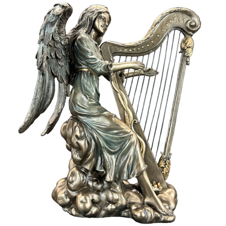 Figurina Angel Choir, inger cantand la harpa, din rasina, 18cm x 31cm, WU70494A4