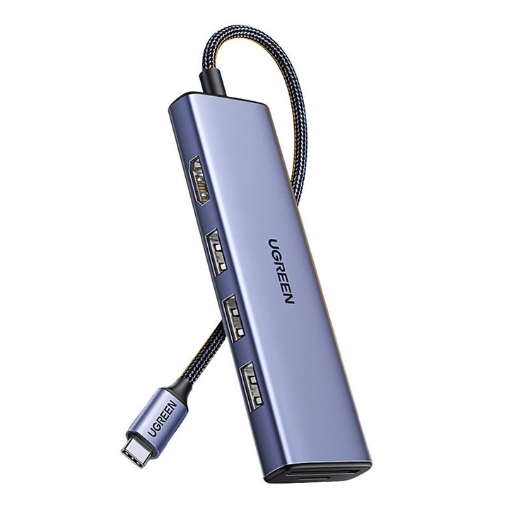 Адаптер 6-в-1 ХЪБ UGREEN CM511, USB-C към 3x USB 3.0, 1x HDMI 2.0, 1x SD, 1x TF, 4K, 60Hz 5Gbps, 20 см, син
