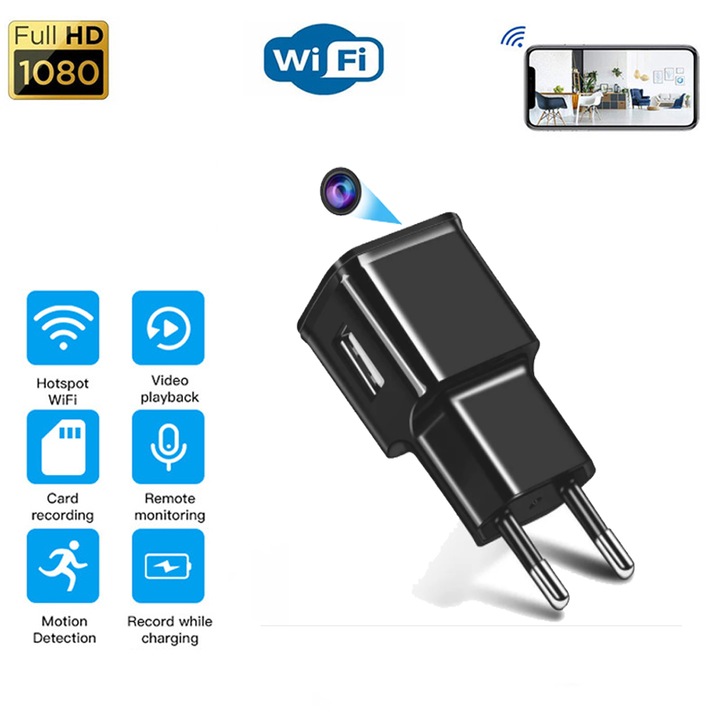 Mini camera ascunsa in adaptor USB, incarcator telefon, WiFi, 1080p Full HD, supraveghere video, camera de securitate, spionaj, microfon, senzor de miscare, vedere nocturna, obiectiv cu unghi larg - aplicatie LookCam - Negru