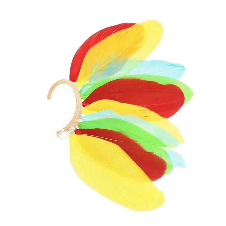 Cercel ear cuff, auriu, stil hippie, cu pene multicolore, Kaleb C34, Pursehuit