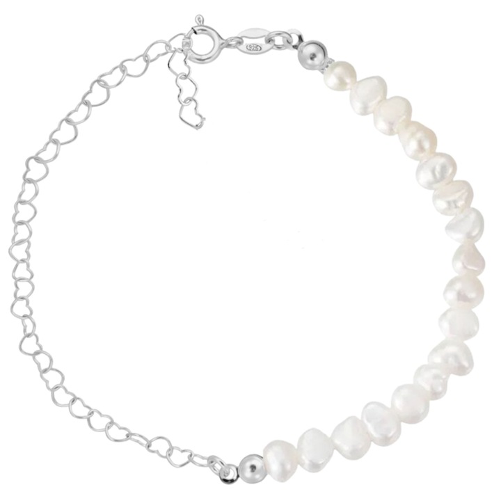 925 ezüst karkötő természetes fehér barokk gyöngyökkel 3 - 4 mm, GlassIdeas, állítható méret, Szívharmónia, Gyöngygyűjtemény, Ezüst fehér színű
