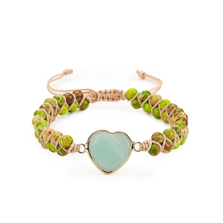 Bratara Energetica Handmade Double Heart Chakra, Piatra Naturala, Reglabila, Onuvio™, Verde deschis