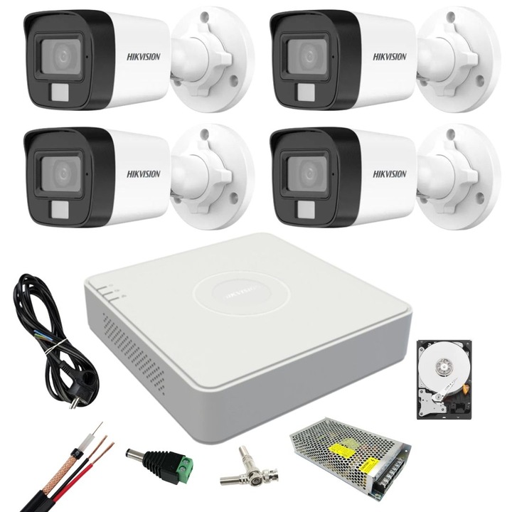 Kit de supraveghere 3 MP Hikvision Turbo HD cu 2 camere Bullet IR 20 m, vizualizare pe internet