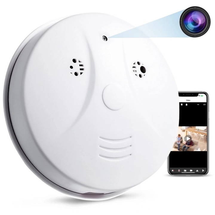 Camera Spion Detector de fum iUni D101, Wi-Fi, Vizualizare 4K, Slot Card MicroSD
