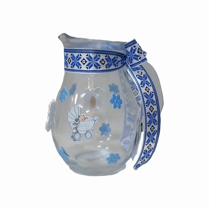 Canta botez, Festiv-Gala, pentru baietel, cu banda din saten cu motive populare pe albastru si alb