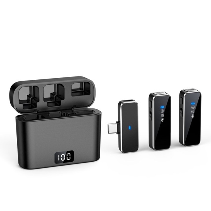 Elitebrain Lavaliera EB006 C típusú mikrofon készlet, 2 darabos, funkcionális kijelző és mágneses töltőtok digitális kijelzővel