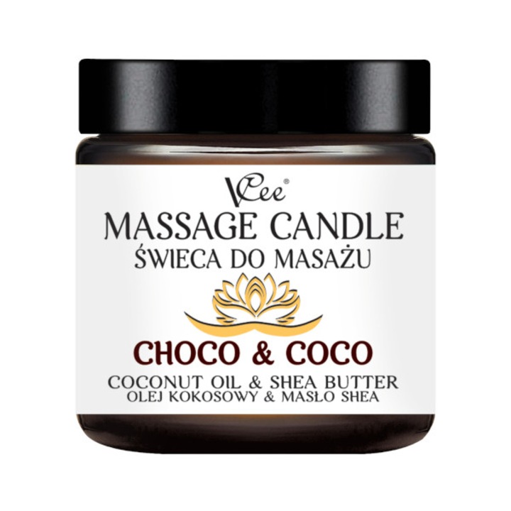 Lumanare de masaj VCee cu ciocolata si nuca de cocos, 80 g, uleiuri naturale pentru relaxare profunda, aromaterapie si hidratare intensa a pielii