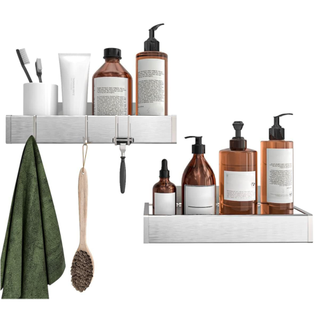 Etajera pentru baie si dus, set 2 rafturi din otel inoxidabil, pentru depozitare, 31 x 11 x 5.5 cm Argintiu