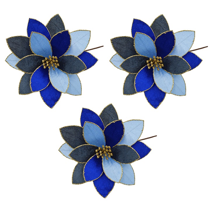 Decoratiune Craciun, Set de 3 Flori artificiale din catifea cu glitter, Albastru degrade