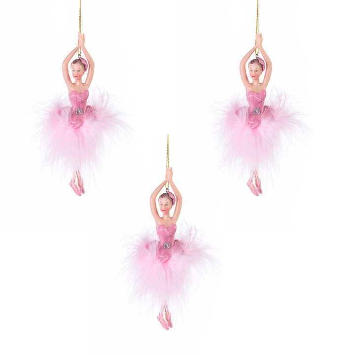 Decoratiune Craciun, Set de 3 Balerine cu puf, 17cm, Roz