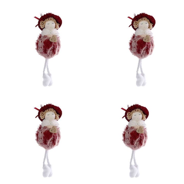 Decoratiune Craciun, Set de 4 Papusi rusoaice cu palarie, 18cm, Visiniu