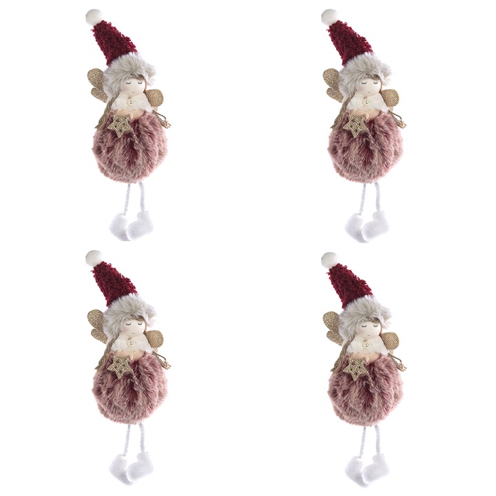 Decoratiune Craciun, Set de 4 Papusi de agatat in brad cu blanita, 23cm, Visiniu