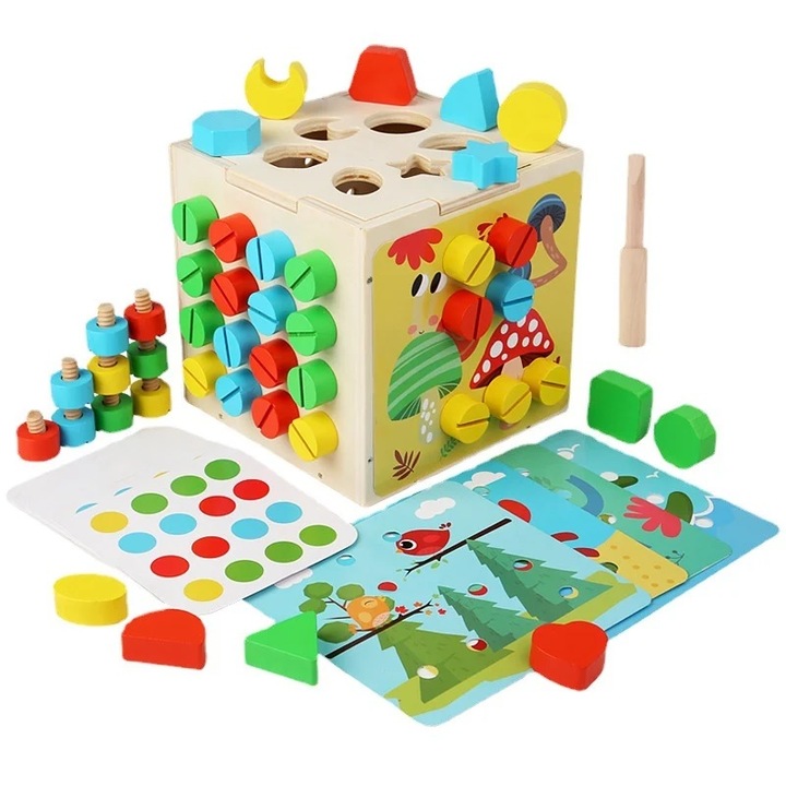 Cub Montessori cu activitati de Insurubare si Sortare Nut Shape, multicolor, Toyska®