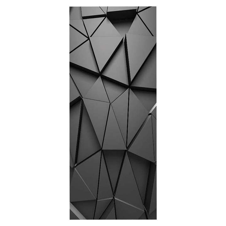 Folie Autoadeziva Pentru Decor Usa GREATON, Usor de Aplicat, Model Triunghiuri Gri Inchis/Negru, Dimensiuni 77x200 cm