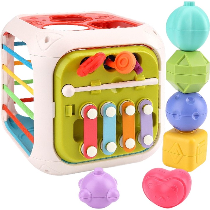 Jucarie cub interactiv 7 in 1 FiGGA®, educativa si senzoriala Montessori, pentru bebelusi, copii 1/2/3 ani, fete si baieti