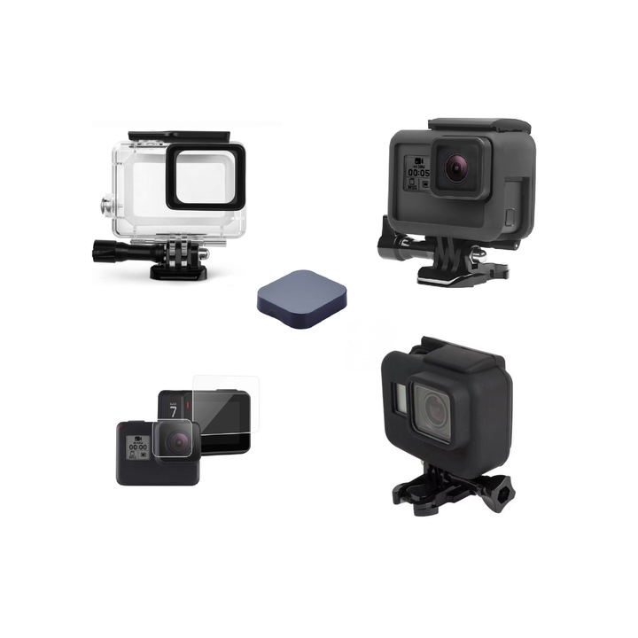 Комплект от 5 аксесоара за Gopro Hero 5 6 7, Спортна видеокамера, Водоустойчив калъф, Защитна рамка/ръкохватка, Силиконов защитен капак, Защитно фолио за екран+обектив, Защитно покритие за обектив