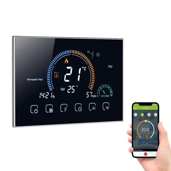 Termostat de Ambient Smart, BHT-8000GCLW LUXEMATE®, Control de la distanta prin Internet/Telefon, Wireless, Touchscreen, Programare Saptamanala, Monitorizarea Temperaturii si a Umiditatii, Compatibil cu orice centrala, Incastrabil, Negru lucios