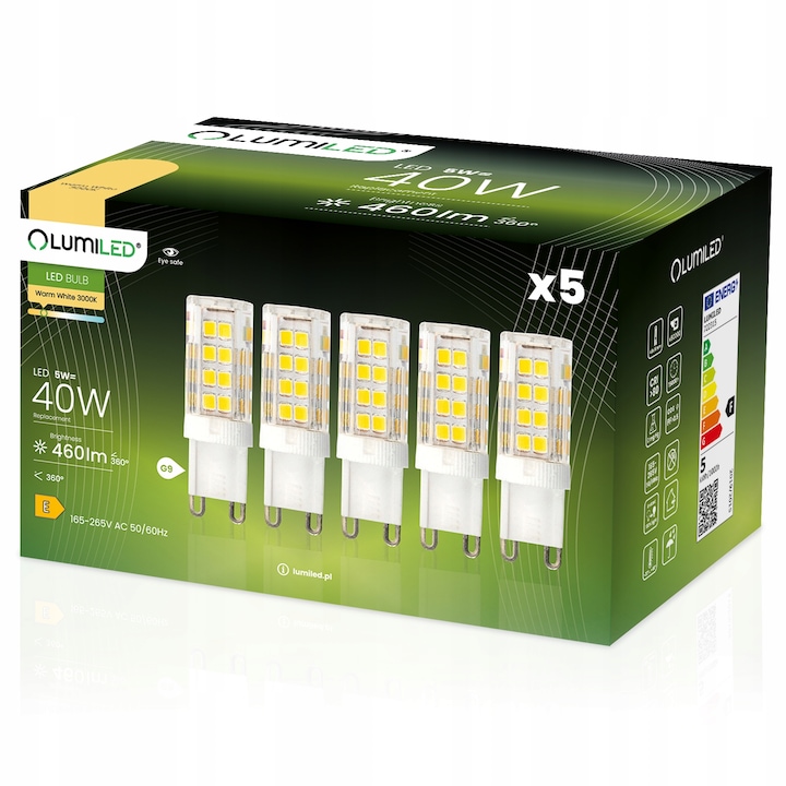 5x LED izzó G9 kapszula készlet 5W = 40W 460lm 3000K meleg 360 ° LUMILED